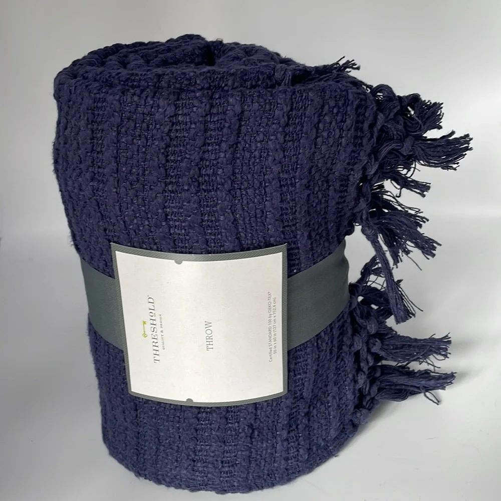 Threshold Cotton Throw Blanket Fringed Edges Navy Blue